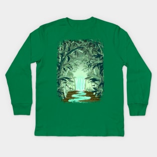 Fluorescent Waterfall on Surreal Bamboo Forest Kids Long Sleeve T-Shirt